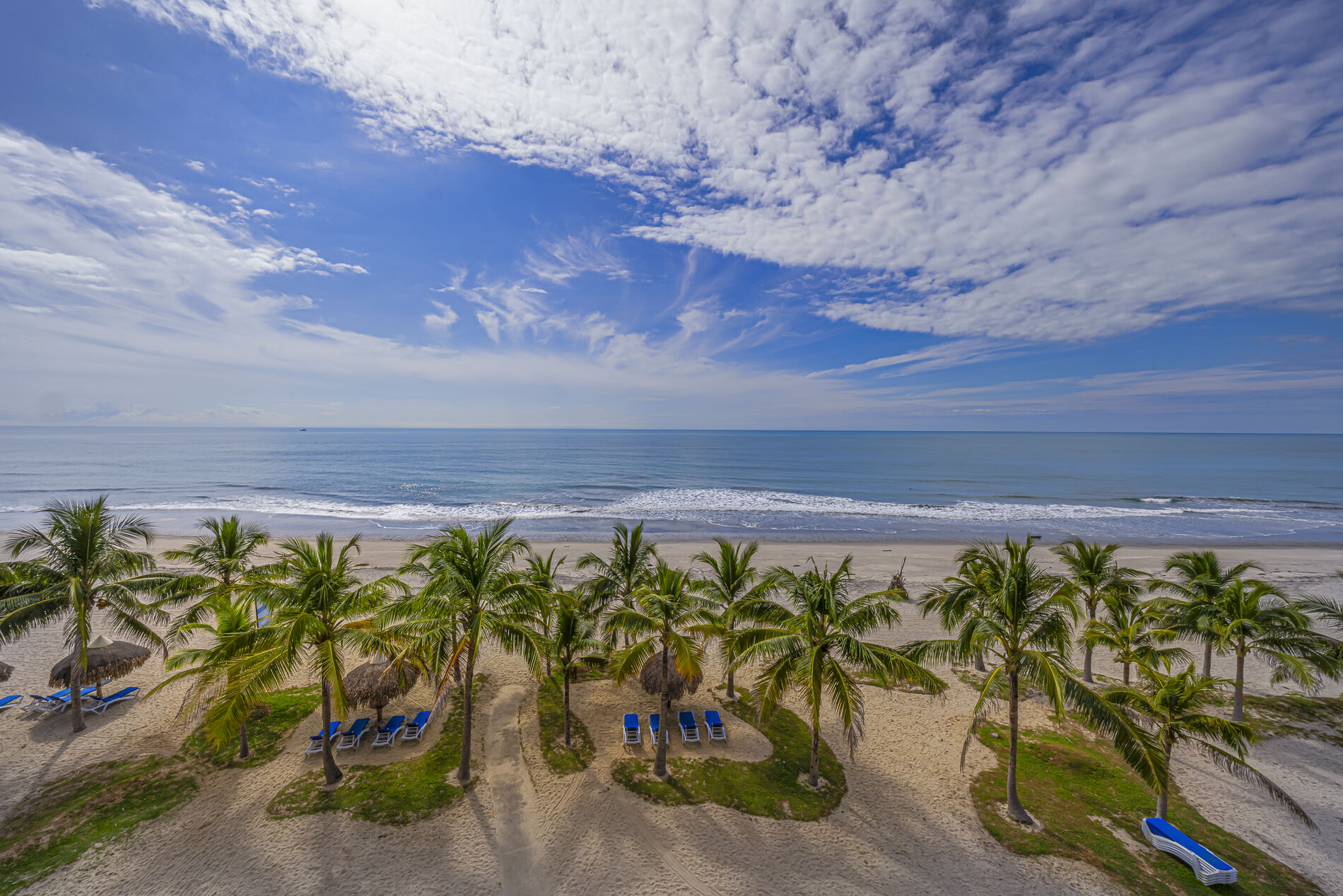 Panoramic view of Playa Caracol's palm-lined beach and turquoise ocean
