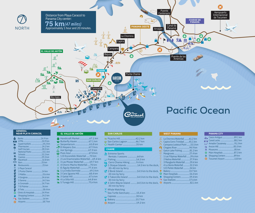 Map showing Playa Caracol's location relative to Panama City, Punta Chame and Coronado